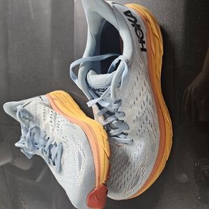 Hoka Light Blue Running Shoes with Yellow Soles